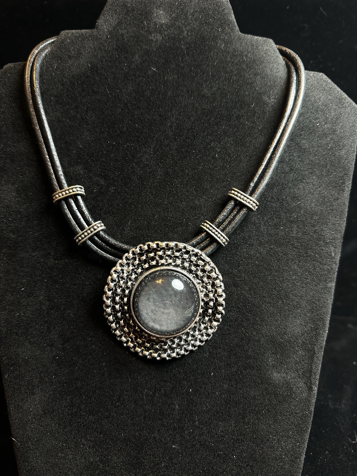 Vintage Black leather and Silver Tone with gray Cabochon Statement Necklace
