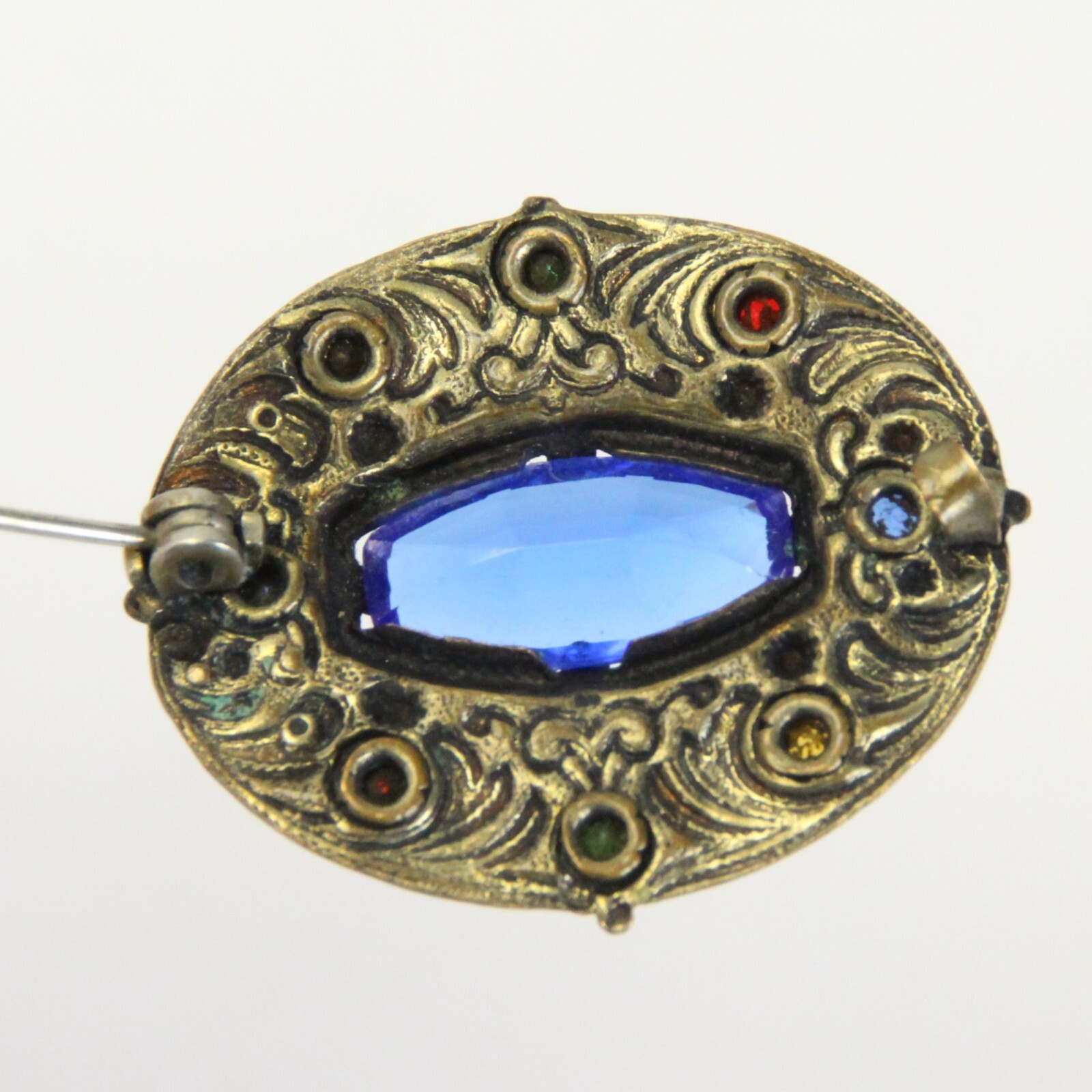 Czech Glass Goldtone Filigree Brooch Art Nouveau Blue Lozenge Fruit Salad