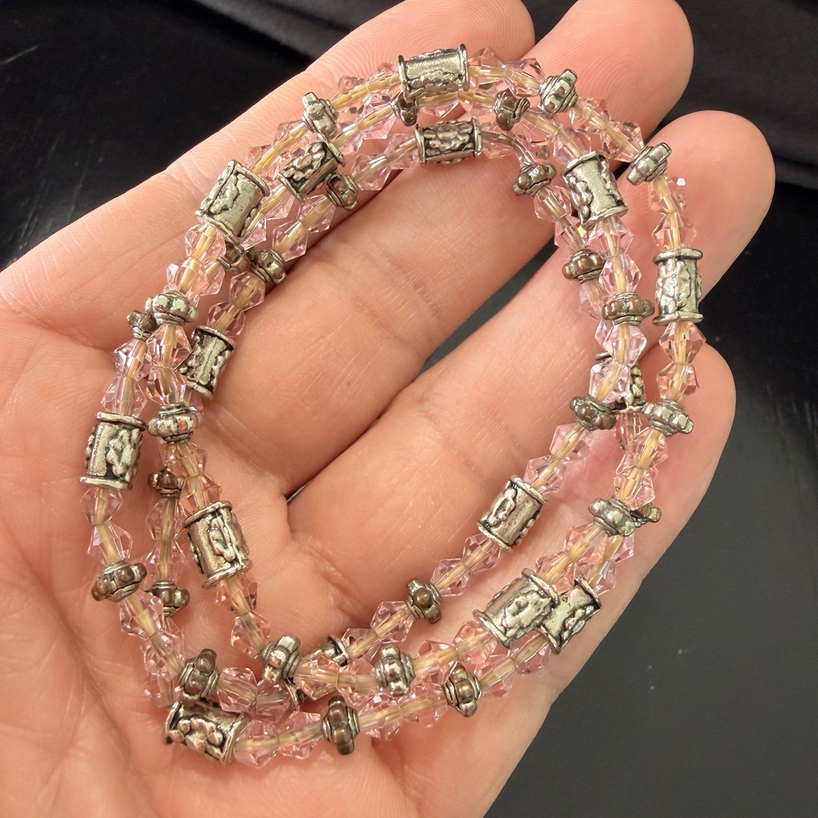 Vintage Pink Crystal Beaded Wrap Bracelet Multi Strand Stretch 6.75in