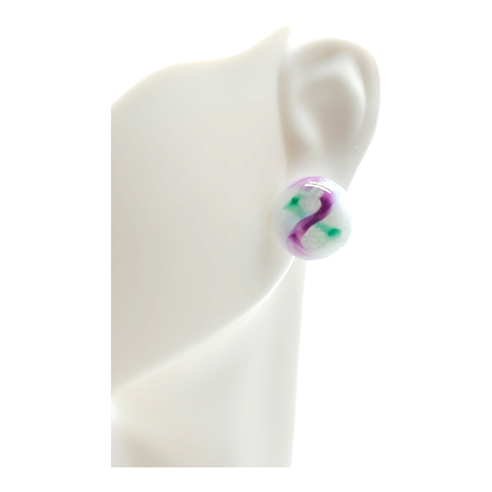 Purple Green White Art Glass Stud Earrings Butterfly Closure Silver Tone Vintage