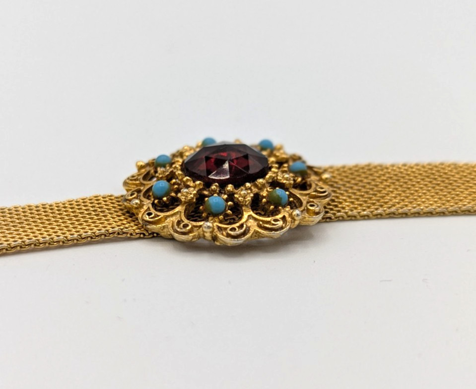 Vintage FLORENZA Mesh Choker Necklace Gold Tone Red turquoise Victorian Revival