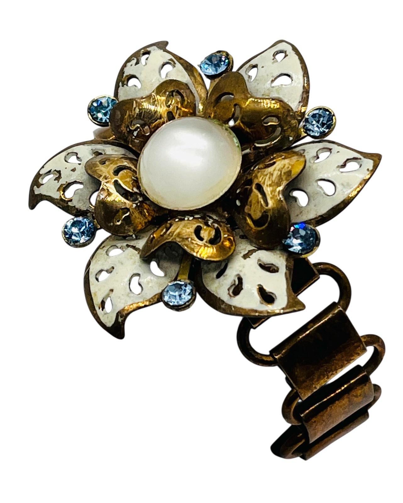 Vintage 50’s Signed Coro Pegasus Blue Glass Rhinestone & Enamel Flower Bracelet