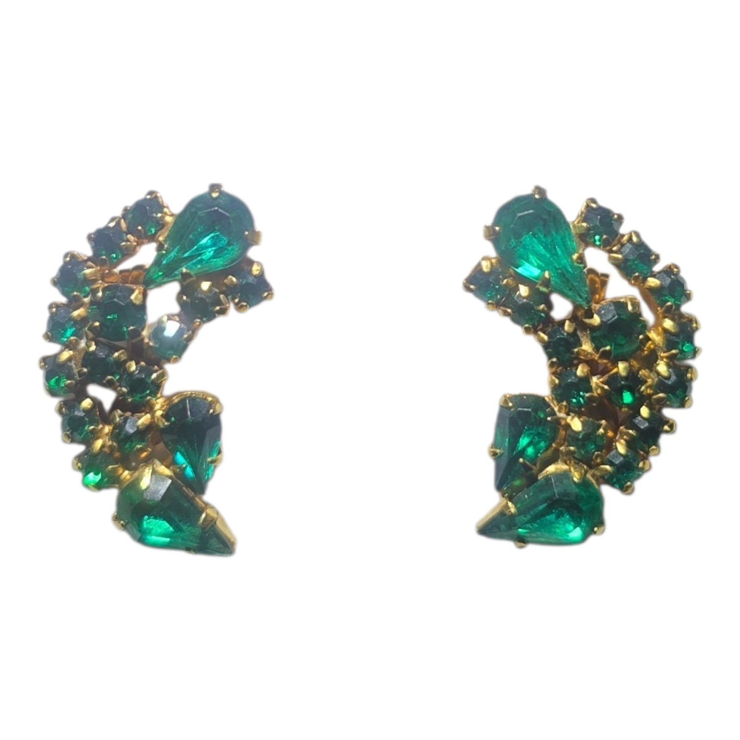 Vintage La Roco Emerald Rhinestone Clip‑On Earrings Gold‑Tone Mid‑Century Glam