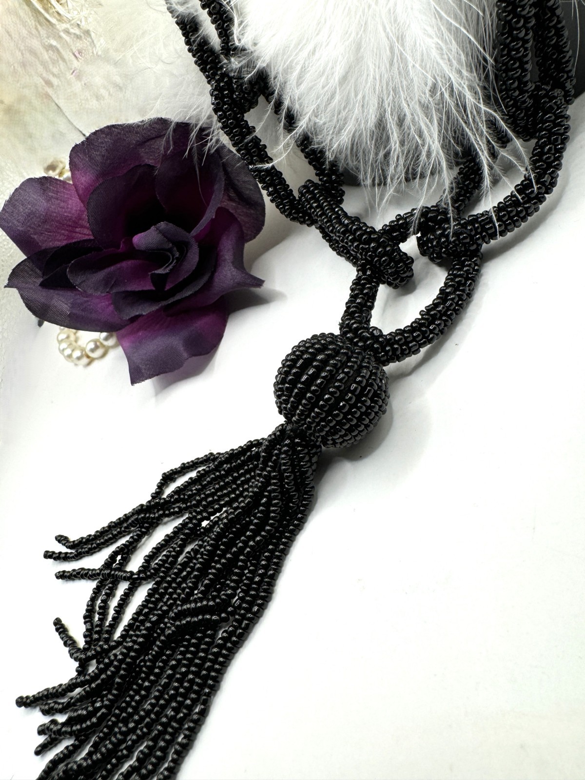 Designer Black Micro-Beaded Statement Necklace Multi-Looped Rare High End