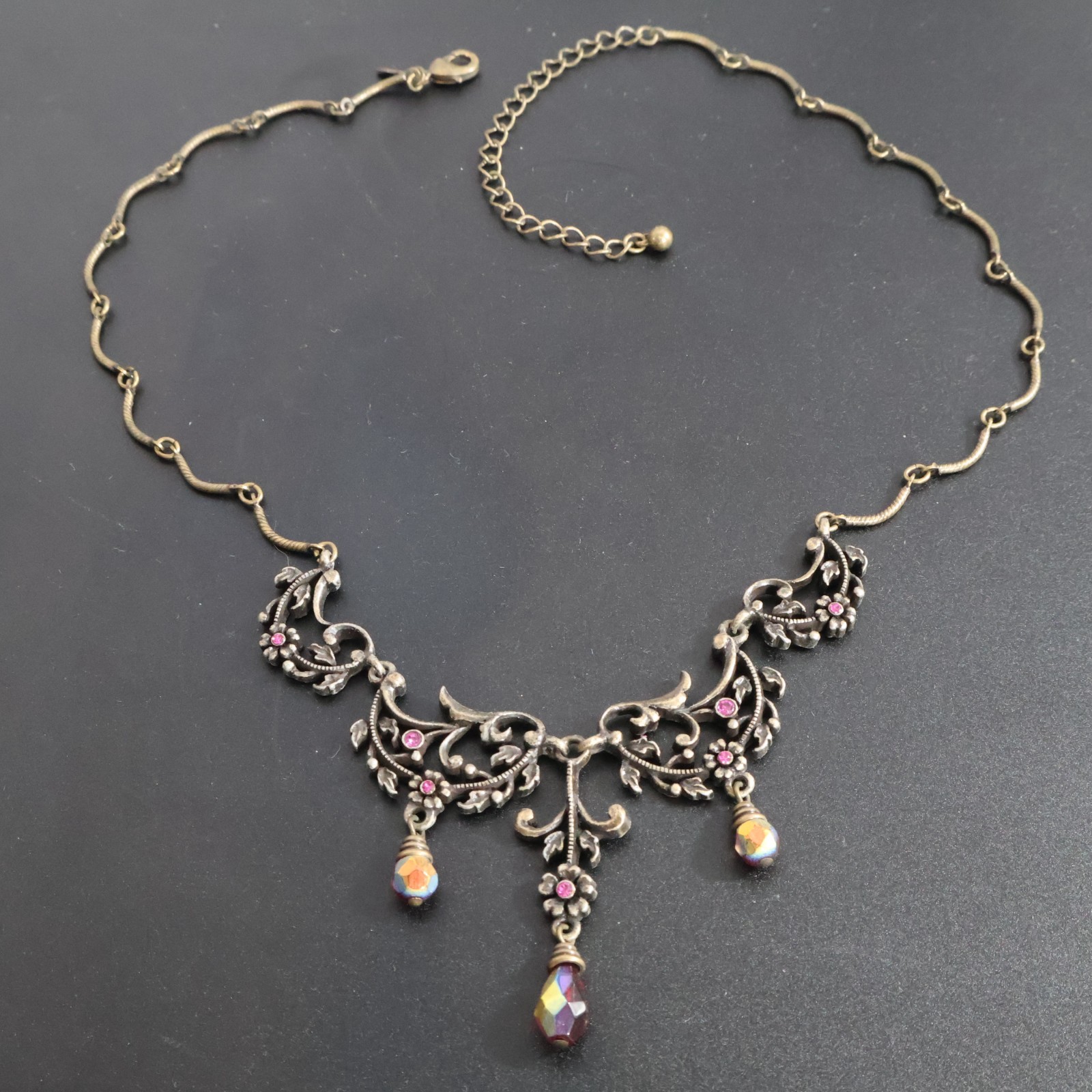 Vintage AVON Victorian Revival Floral Filigree Red AB Crystal Dangle Necklace