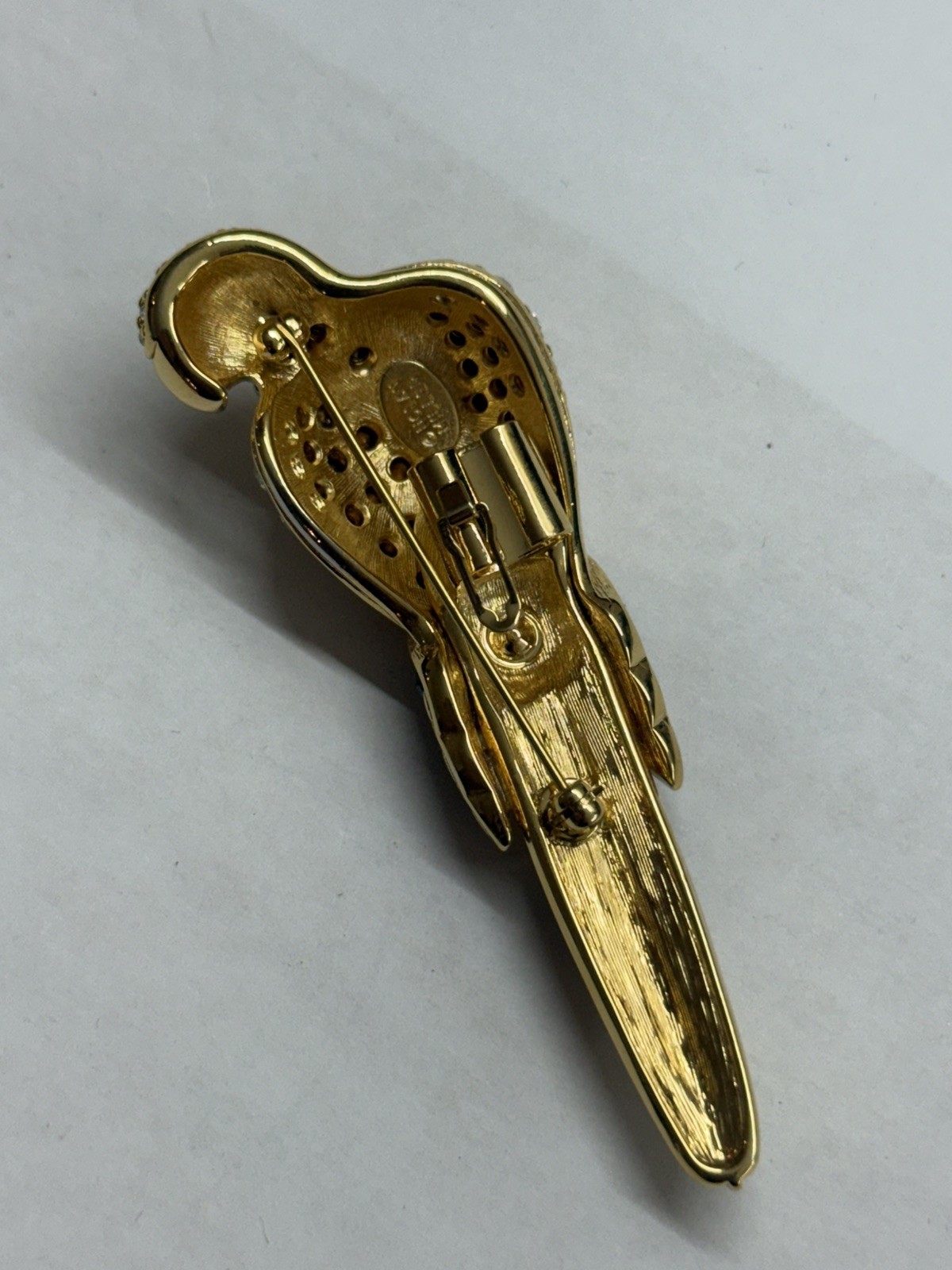 Vintage Nolan Miller Gold Tone Parrot Multi Color Crystal Brooch Pin