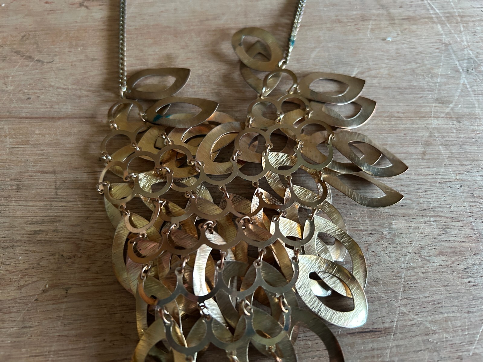 Bib Necklace Overlapping Dangling Layered Costume Teardrop Brass Tone Vintage