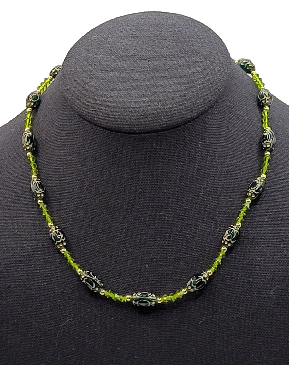 Green Art Glass Crystal Vintage Necklace Light & Dark Green Shades Gilded Beads