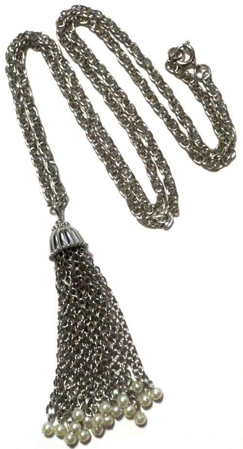 Vintage Jewelry Necklace Silver Chain Dangle Tassel Faux Pearl Beaded Drop 15
