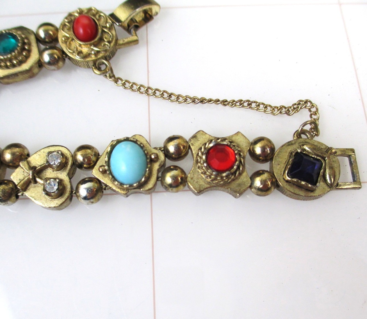 Vintage Victorian Revival Slide Charm Bracelet Gold tone Multicolor cabochons