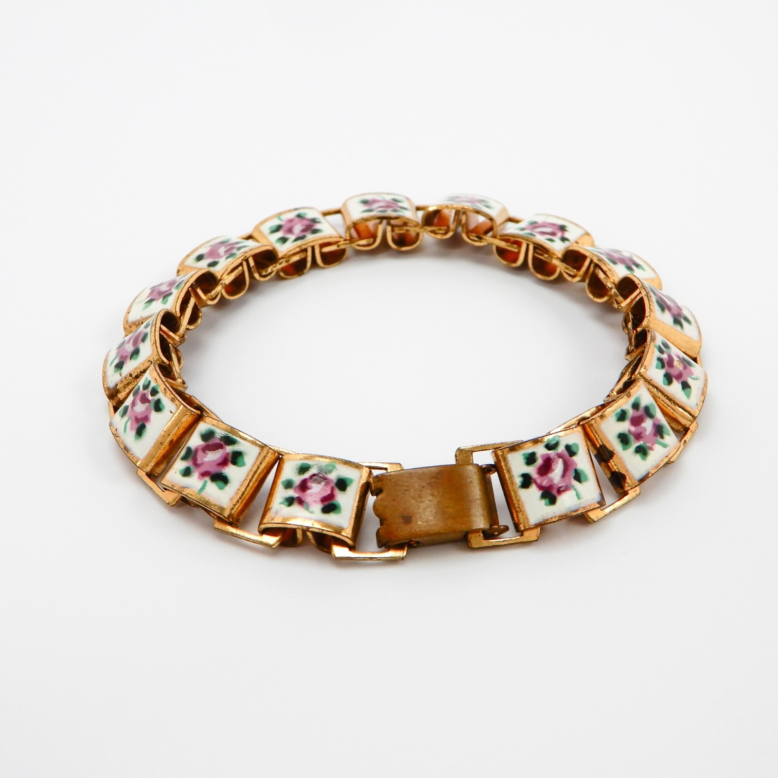 Vintage Hand Painted Enamel Panel Bracelet Pink Roses on White, Book Chain 6.75″