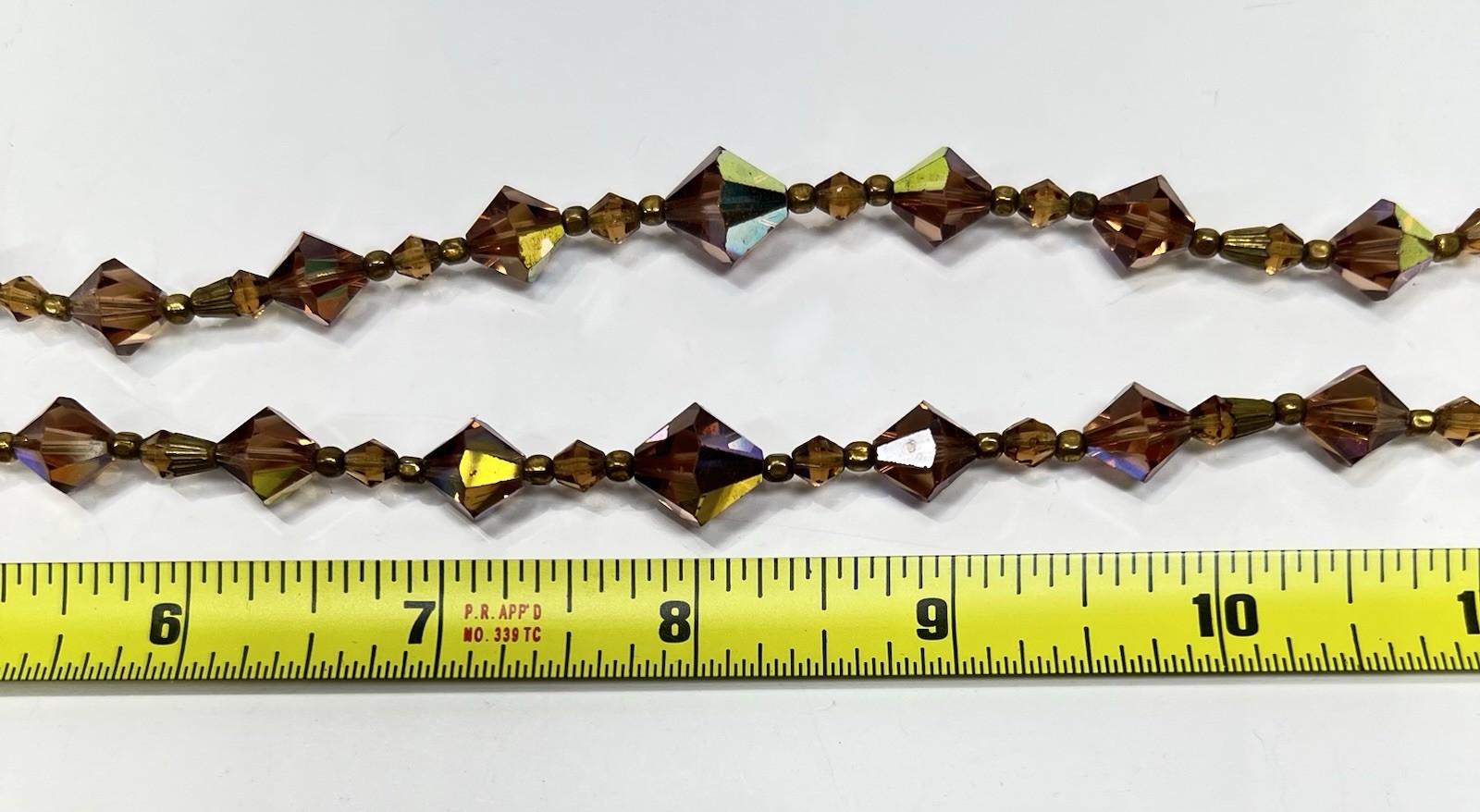 Vintage Faceted Bicone Crystal AB Bronze & Metal Spacers Long Graduated Necklace