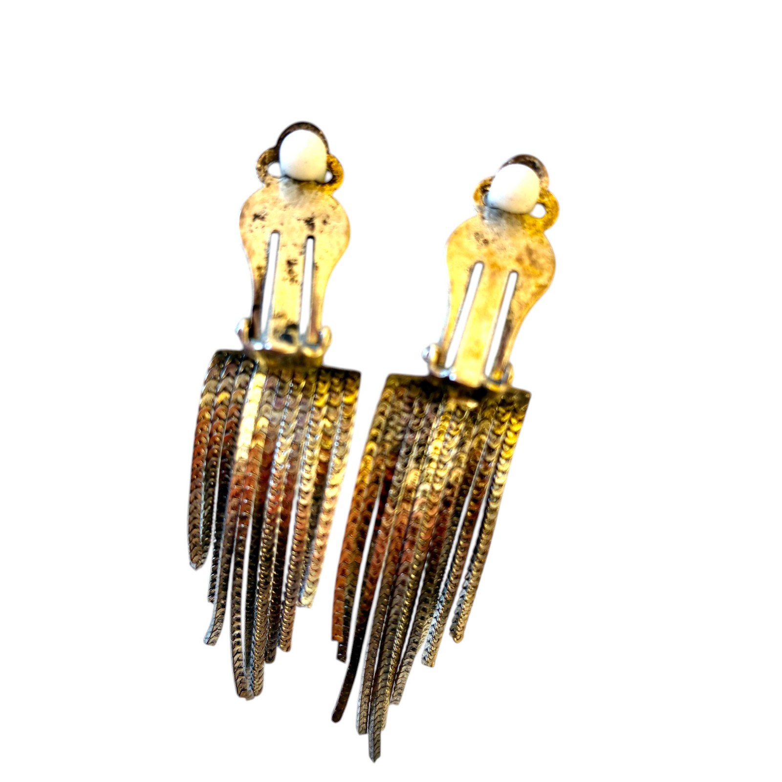Vintage Turkish Metal Earrings Chain Fringe Dangle Tri-color CLIP-ON