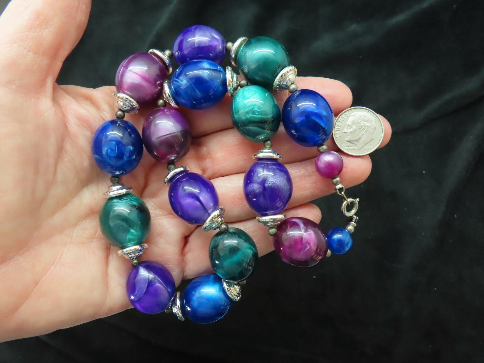 Vintage Green, Purple & Blue Silver Tone Necklace