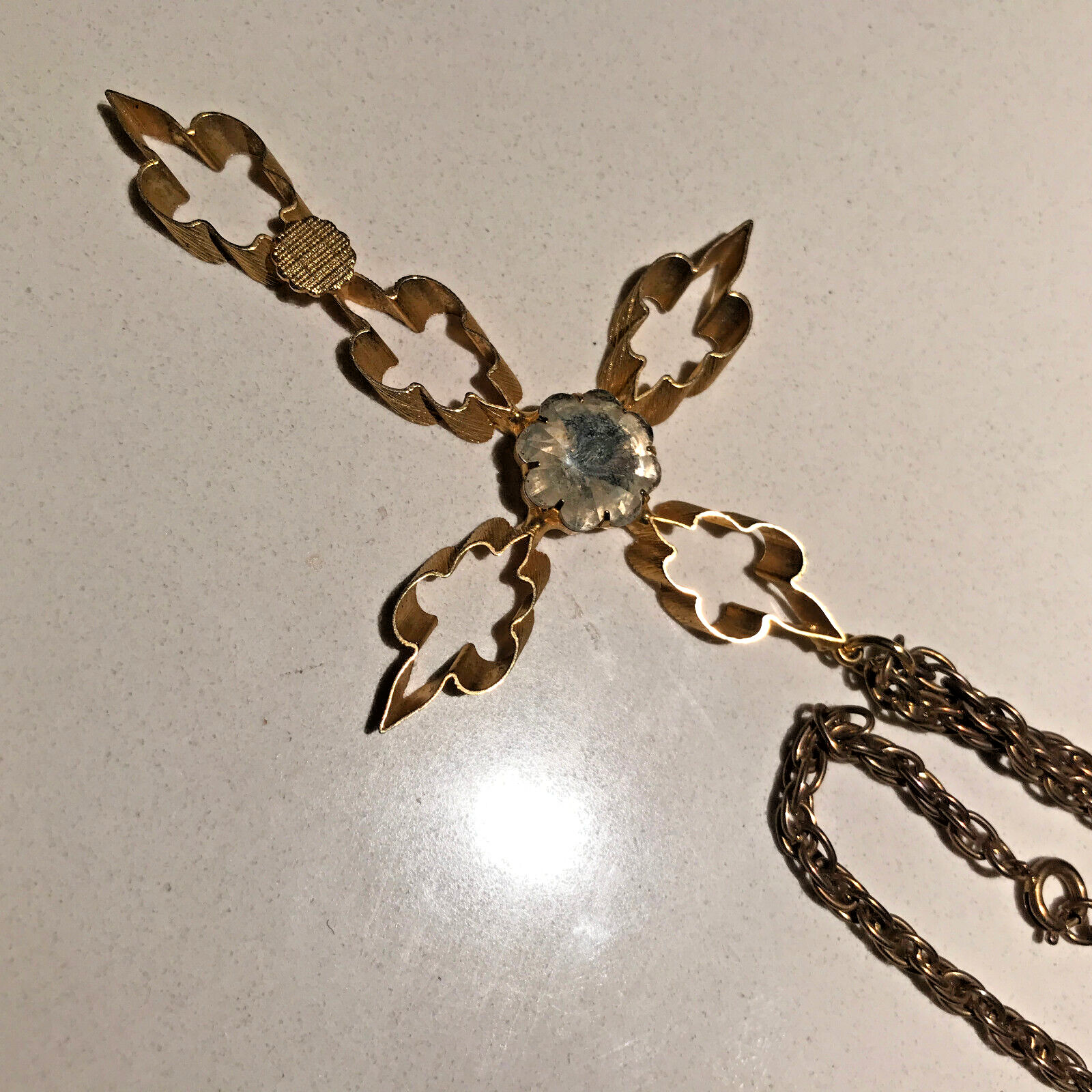 Vintage 3″ Gold Tone Cross 20″ Necklace Simulated Diamond April Birthstone