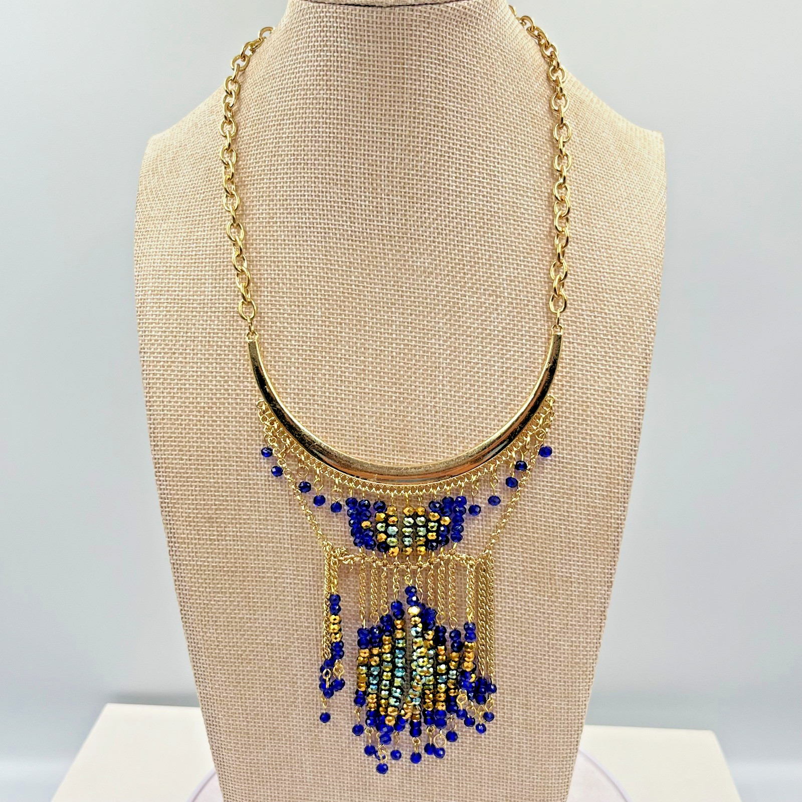 Vintage Retro Gold Tone Cobalt Blue Beaded Fringe Statement Bib Necklace Fashion