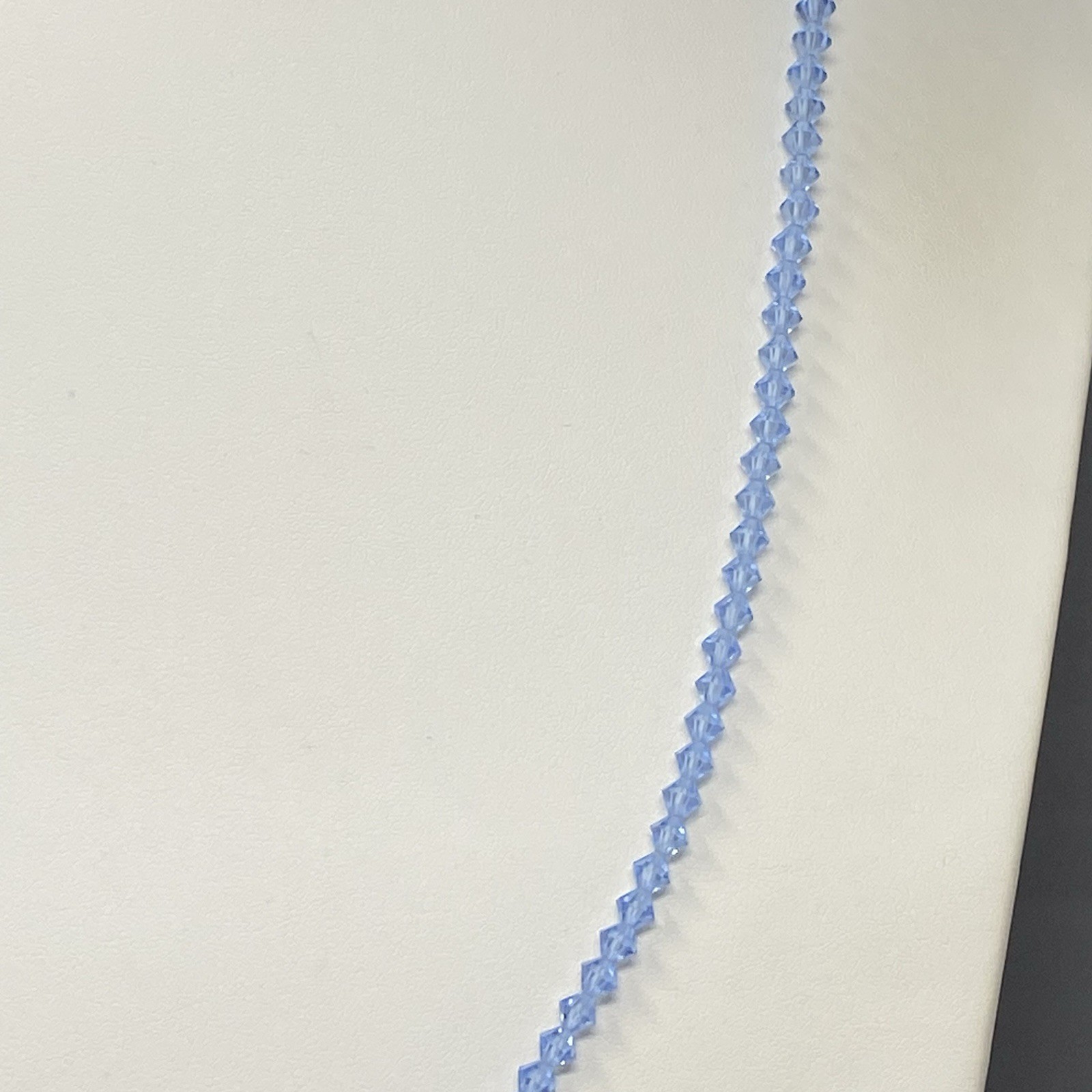 Light Blue Glass Beaded Necklace Bicone Faceted Shiny Fire Polished Vintage 24″