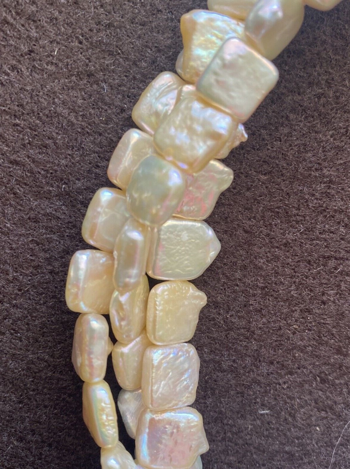lridescent Off White Square Pearl Multi Strand Necklace Sterling Cones Clasp 19″