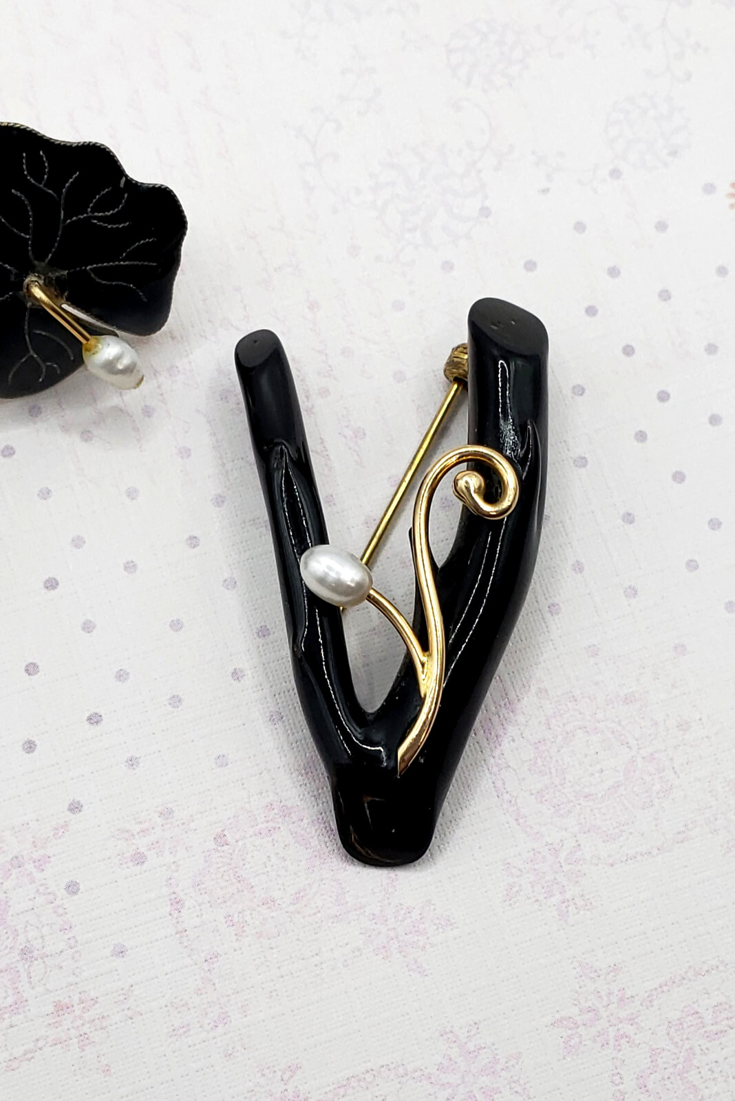 Vintage 14K Gold Pearl & Black Coral Branch Brooch & Earrings Set