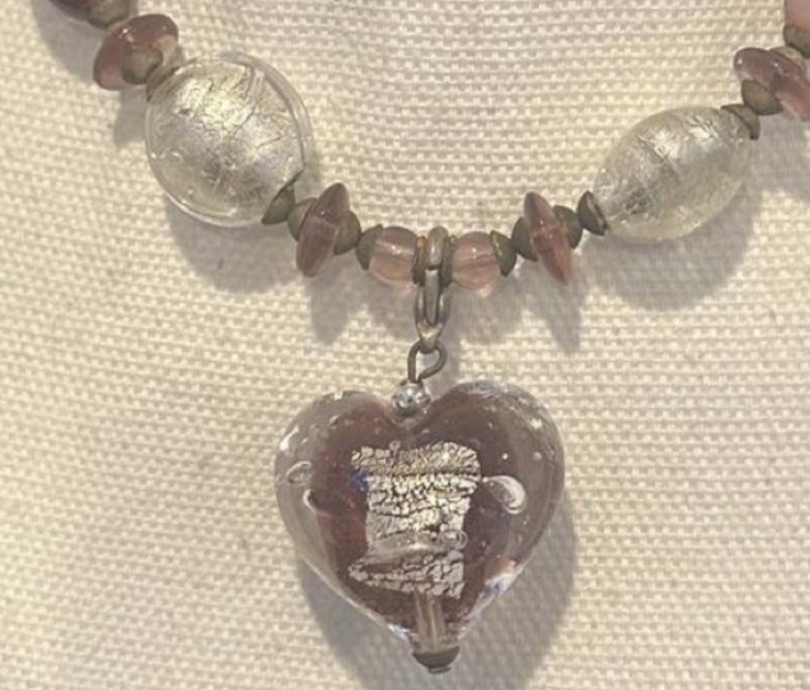 Vintage Hilary London Purple Puff Heart Glass Pendant & Beads Necklace