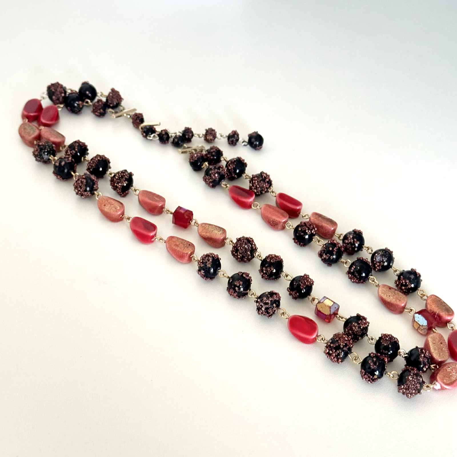 Vintage Red Crystal & Acrylic Beaded Double Row 2 Strand Adjustable Necklace