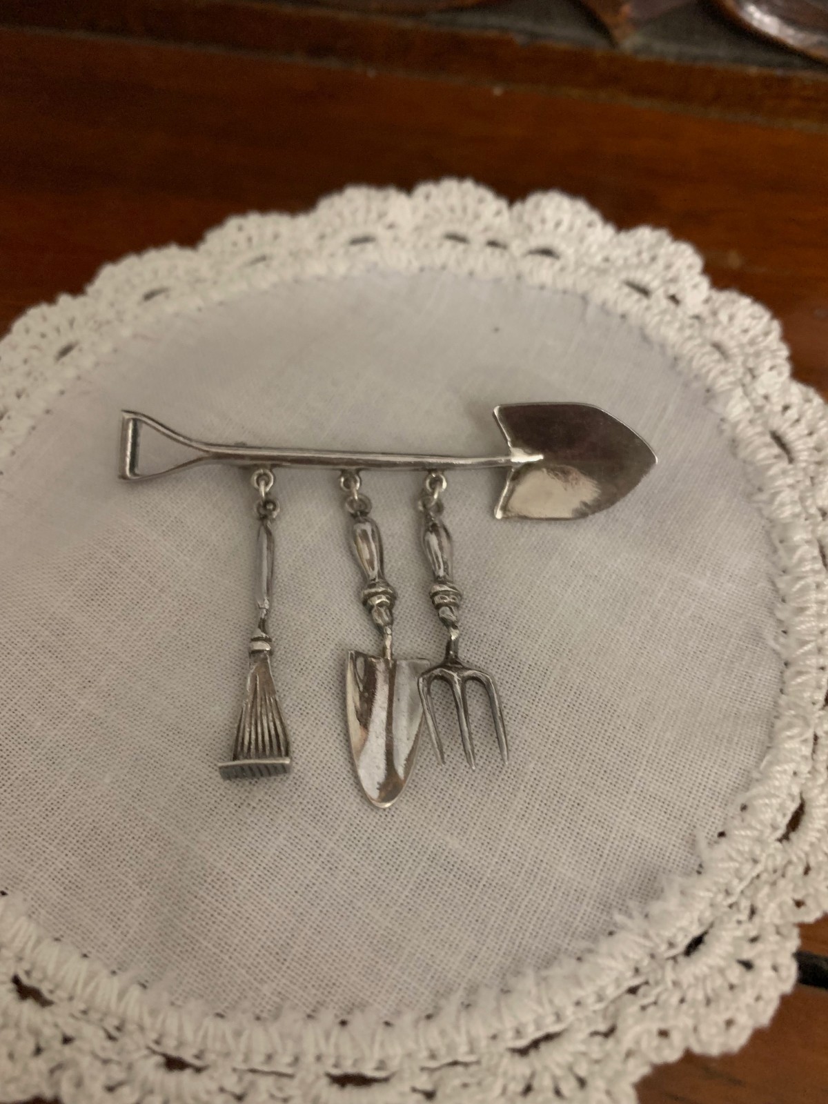 Vintage Sterling Gardening Tool Brooch Pin 925 Silver 3 Charms