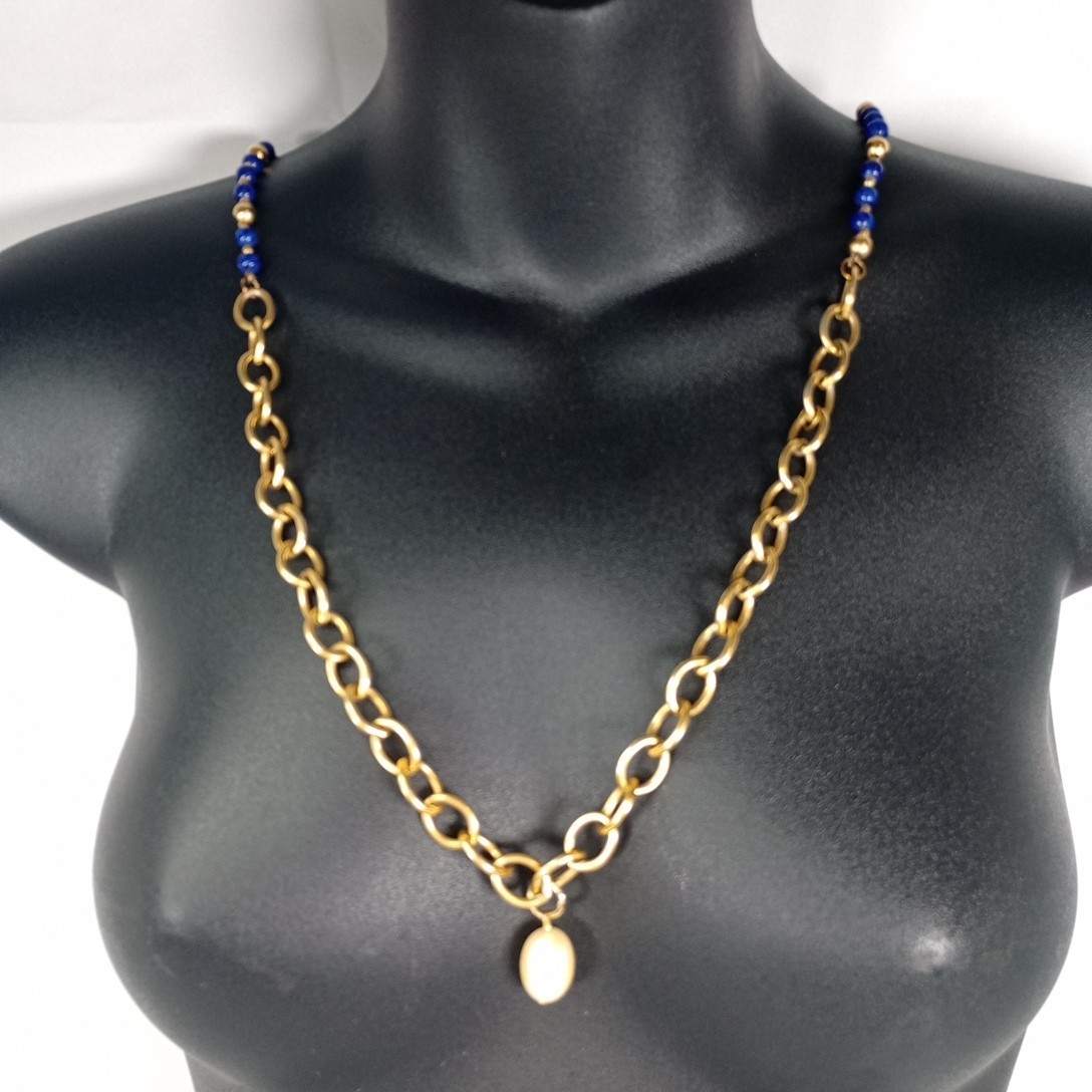 Vintage Convertible Blue Beaded Gold Tone Necklace Faux Pearl Drop 34″