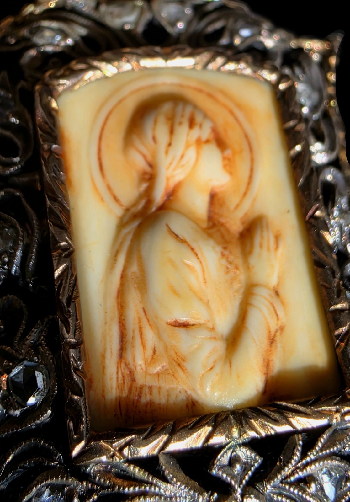 Fine Antique Art Nouveau 18K Gold Silver Diamonds Virgin Mary Pendant Ca 1900