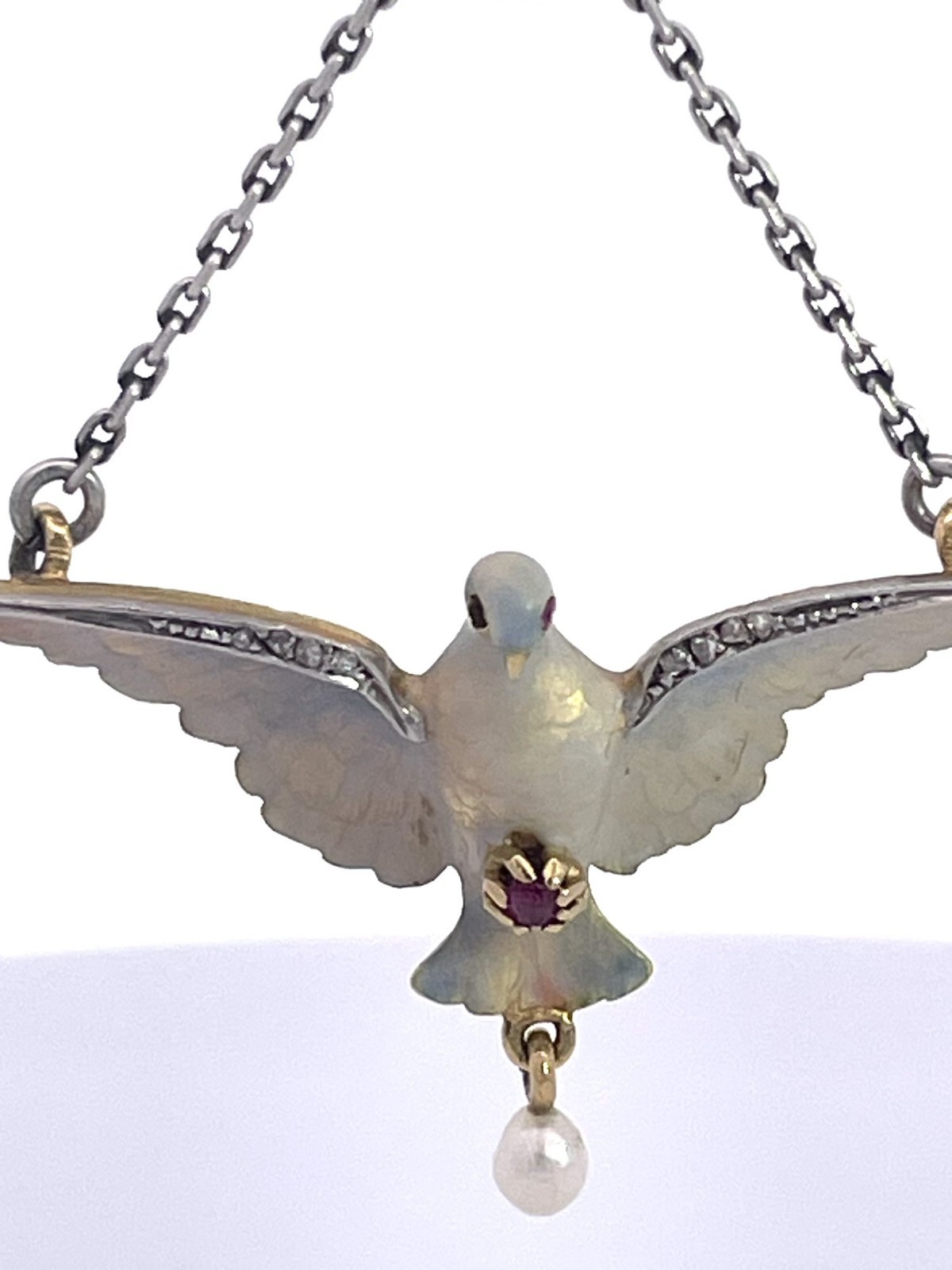 18K Enamel Dove on a Platinum Chain 17″ long