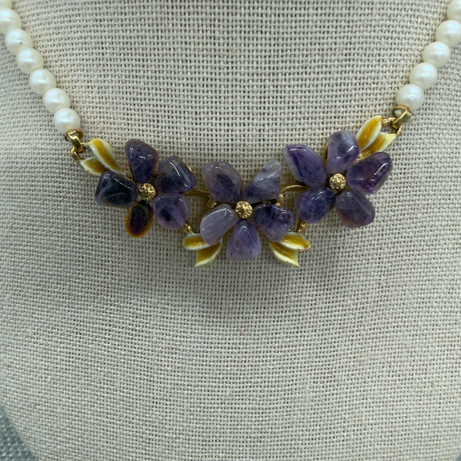 Vintage Choker Collar Necklace Faux Pearls Purple Stone Flowers READ