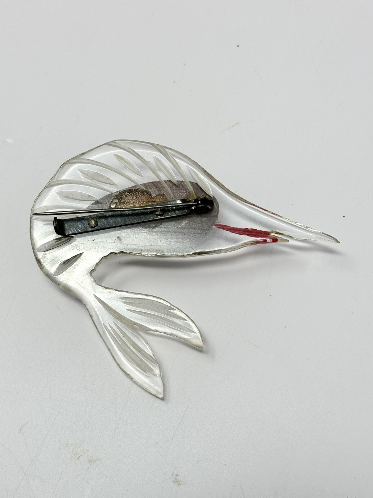 Vintage Carved Lucite And Wood Swordfish Fish Brooch Pin With Painted Details