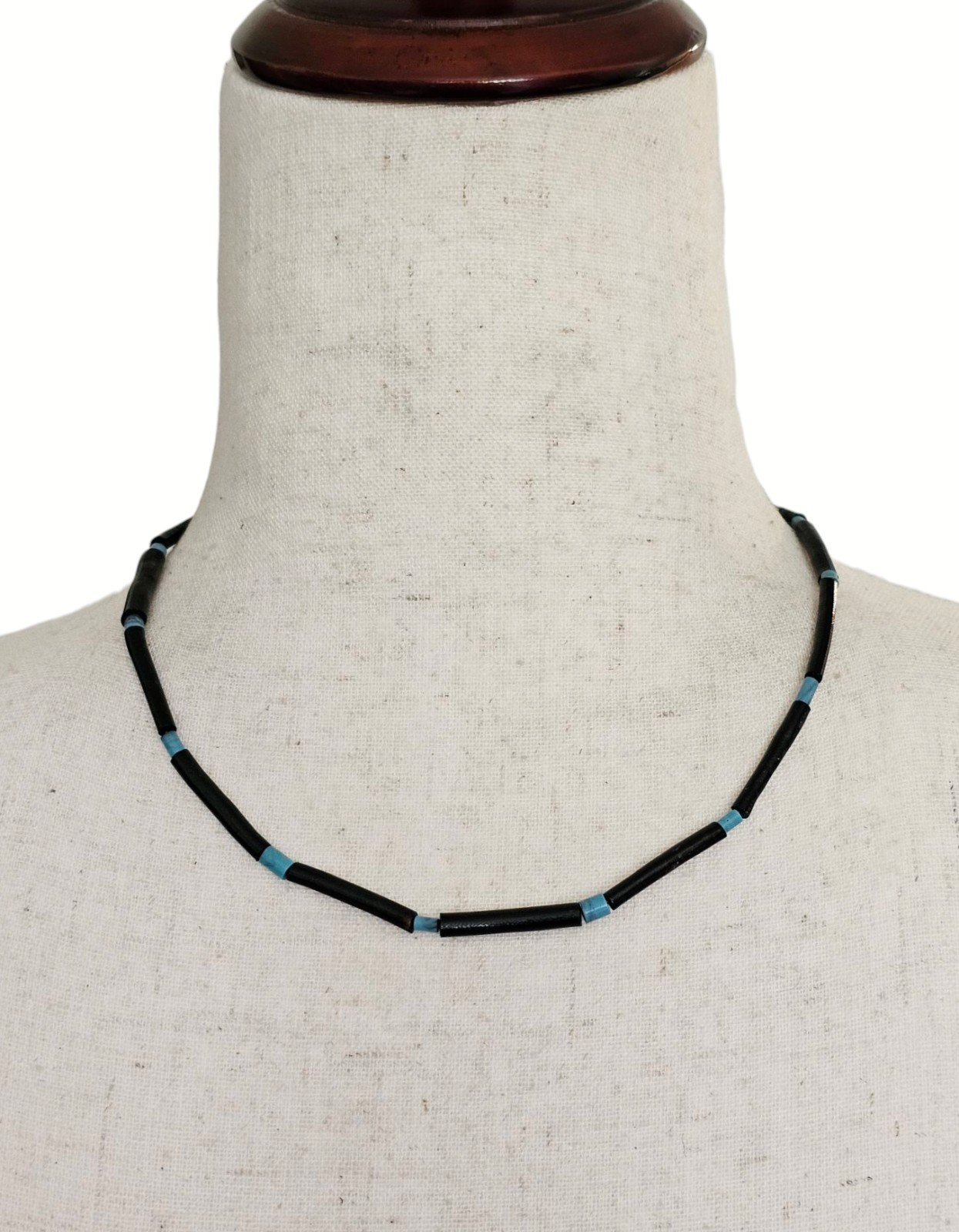 Vintage Black Coral Tube Bead Necklace 17.5″ Blue Glass Spacers Brass Clasp