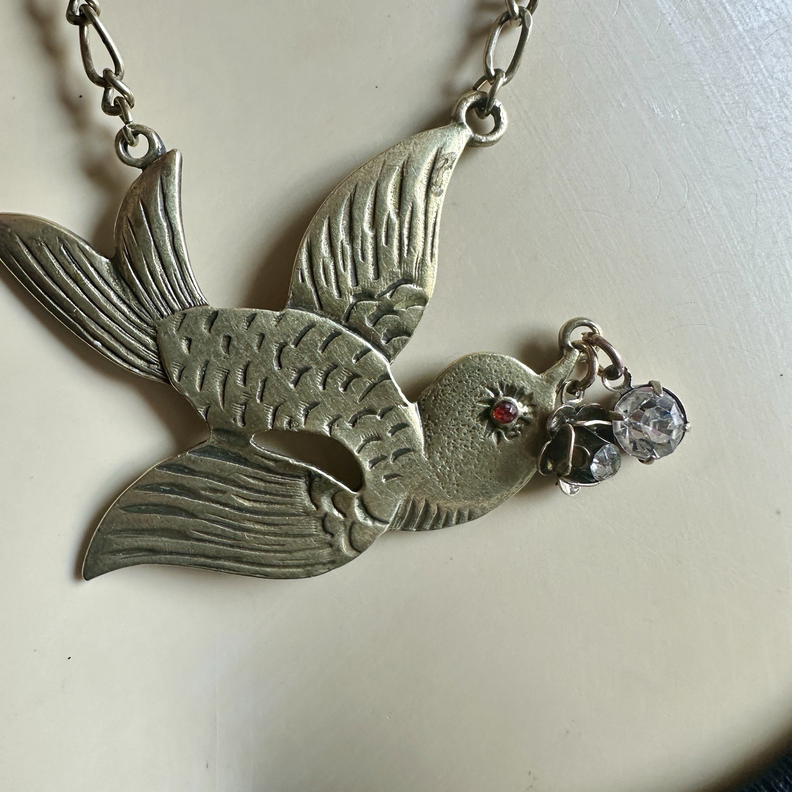 Vintage Dove Swallow Bird Pendant Necklace 26 Inch Rhinestone Gold Animal