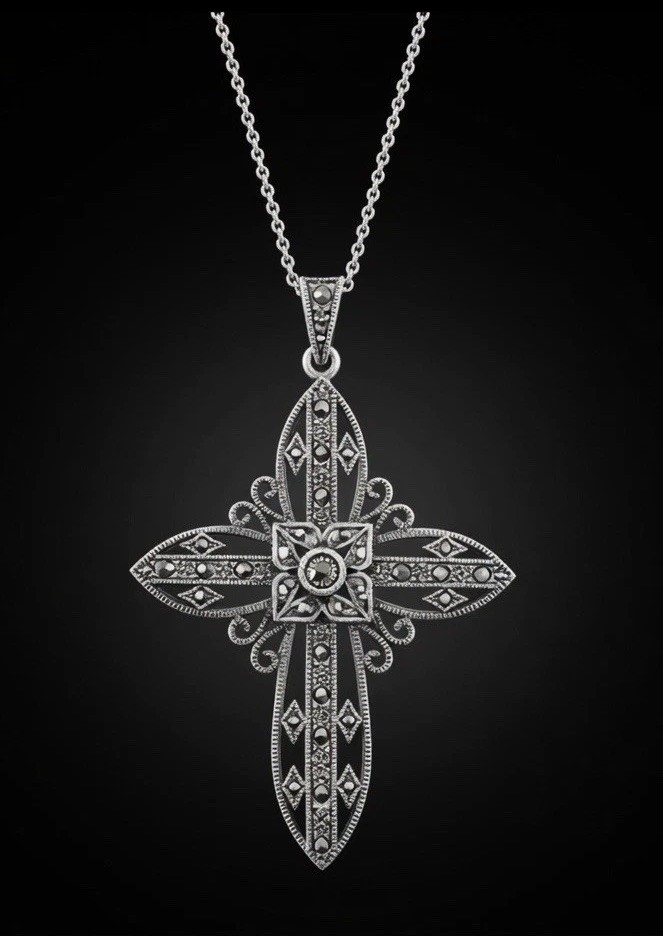 Vintage 925 Sterling Silver Marcasite Cross Pendant Gothic Victorian Style