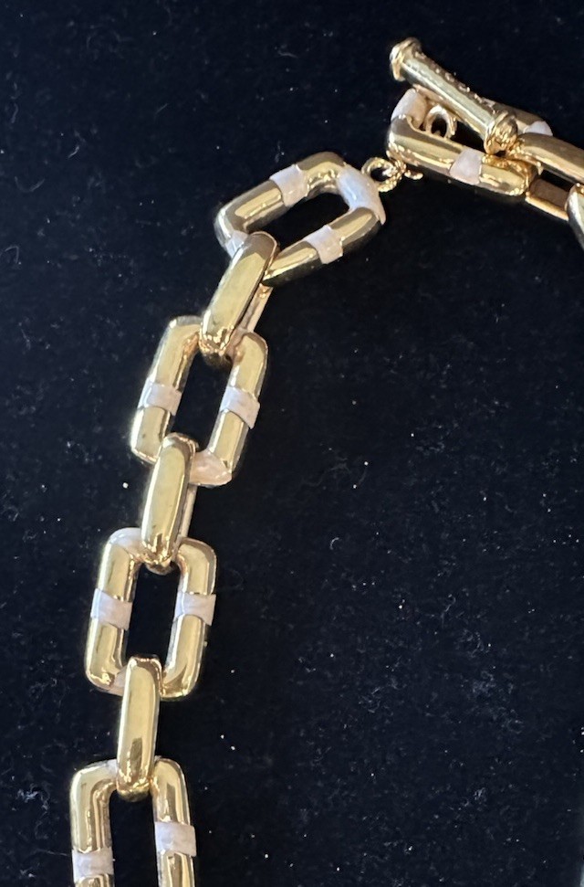 Vintage St John Necklace Chunky Gold Tone Chain Reversible White & Brown Enamel