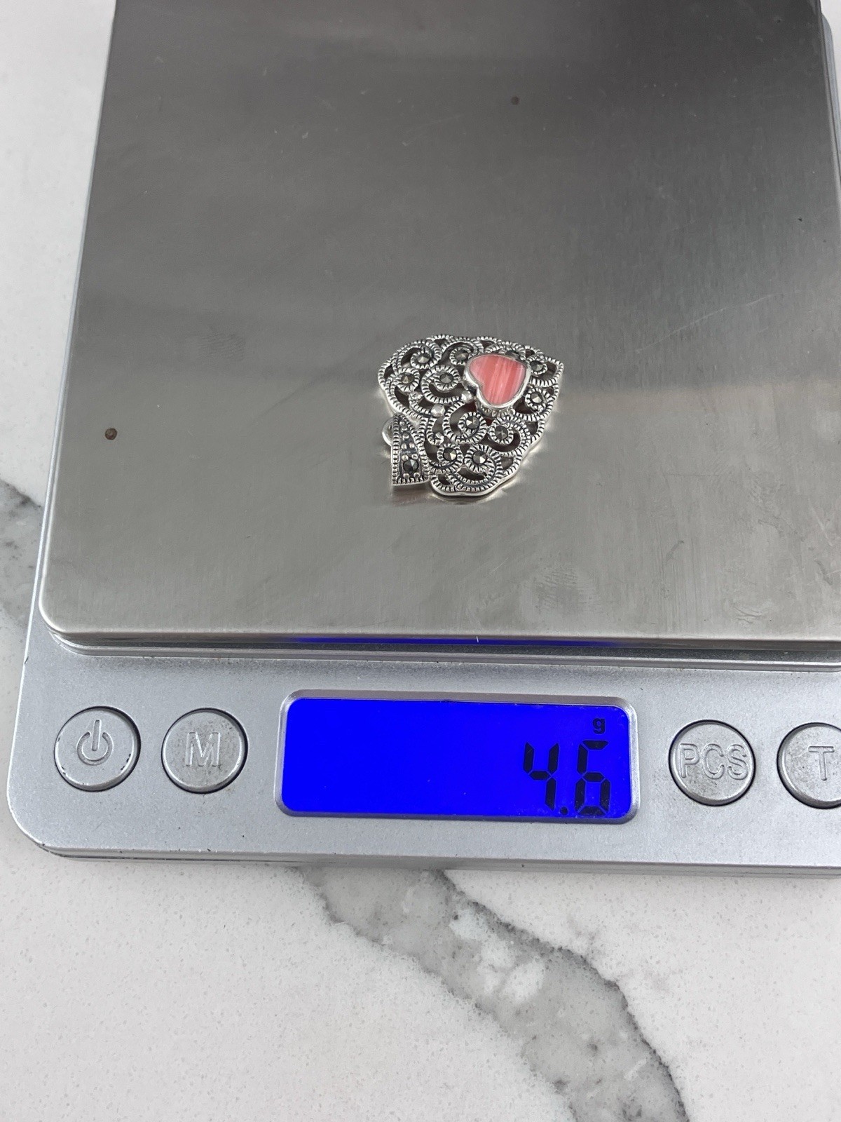 Vintage 925 Sterling Silver Deco Marcasite Pink Coral Heart Pendant