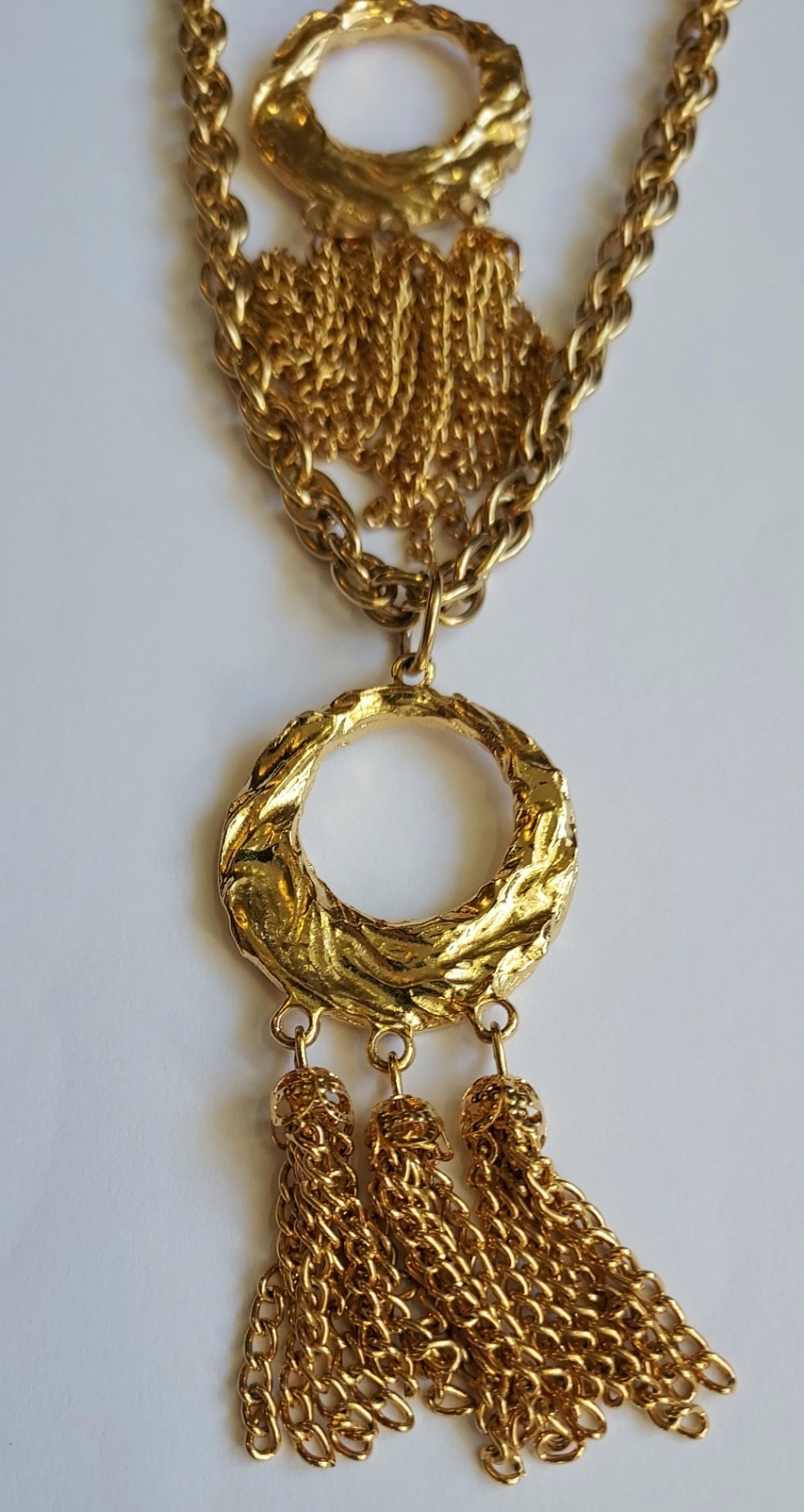 Vintage Multi Strand Festoon Tassel Necklace Circle Pendant Gold Tone Statement