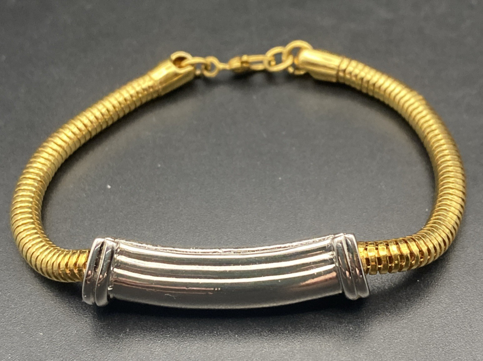 Monet Vtg Snake Chain Bracelet Gold Silver Tone Bar Accent 7.25″ Sister LOOK