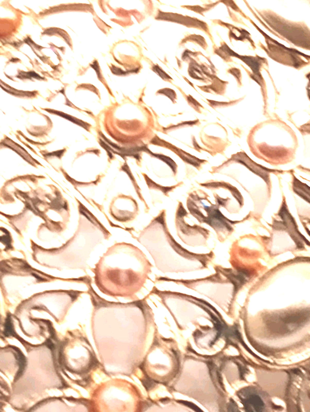 Vintage Filigree Brooch Champagne Colored White Faux Pearls Gold Tone 2 in D