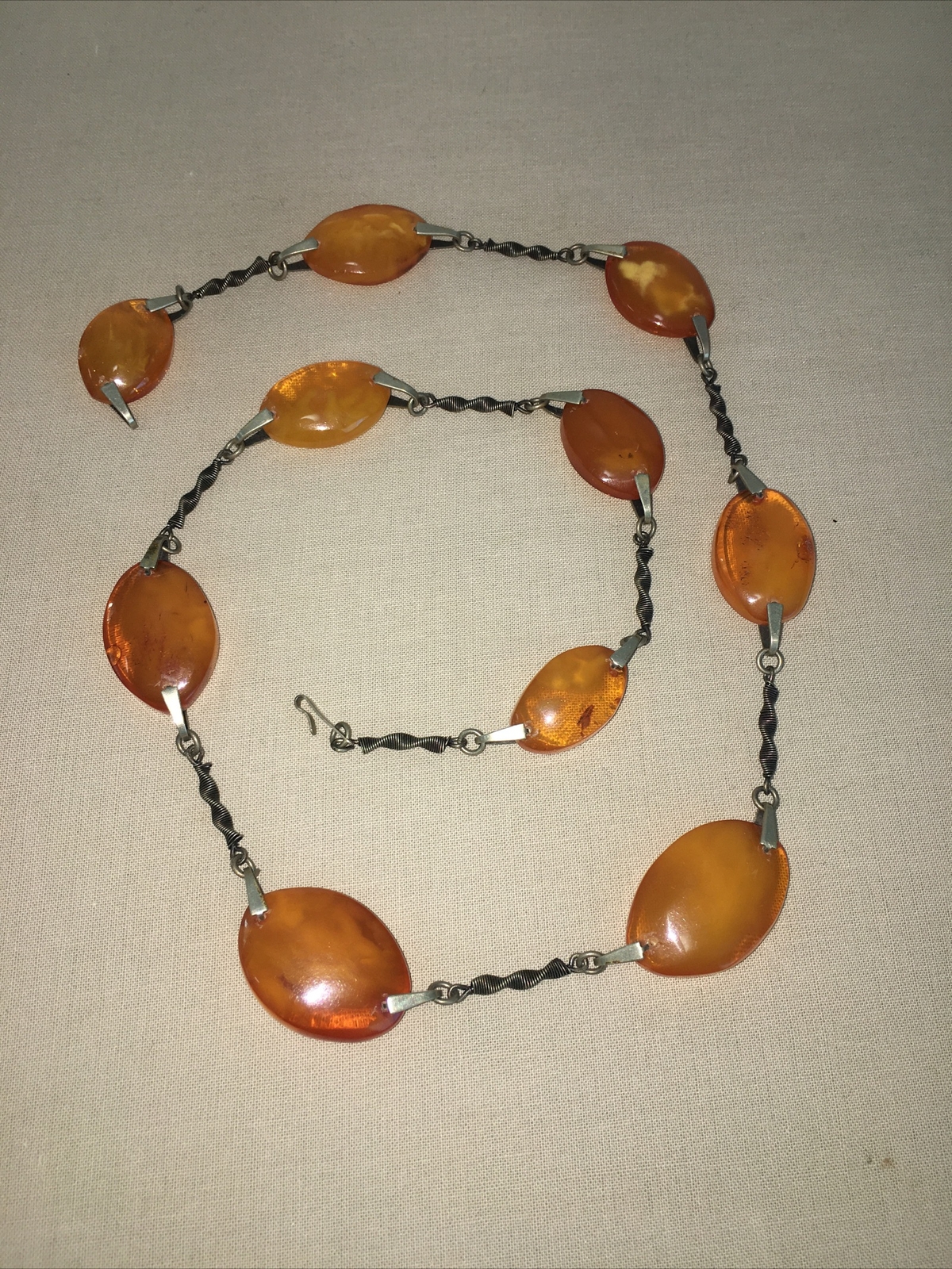 ANTIQUE AMBER NECKLACE BUTTERSCOTCH + SILVER CHAIN STAMPED 9RK