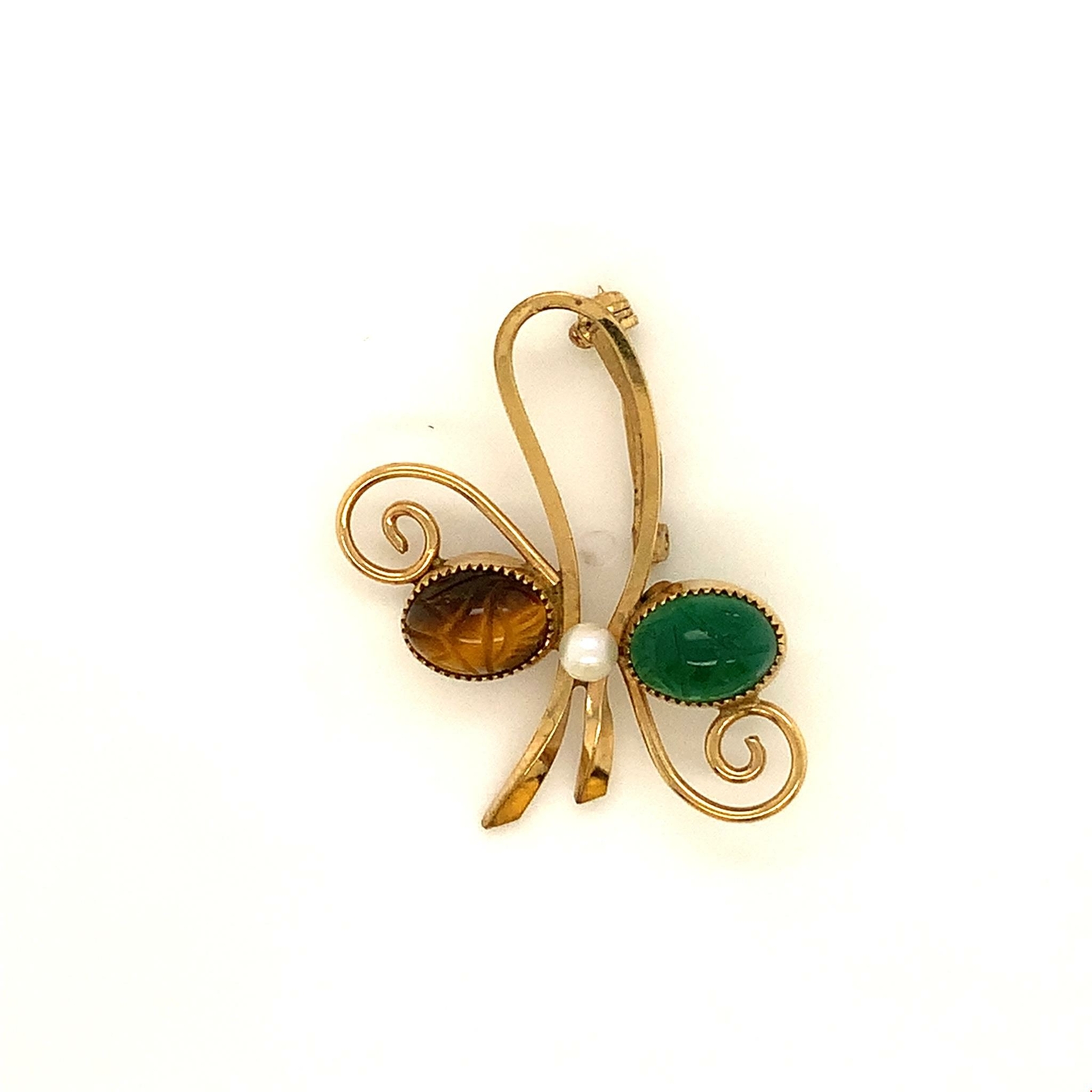 Vintage 14k Gold Filled Wells Scarabs Tiger’s Eye Jade Ornate Bow Design Brooch
