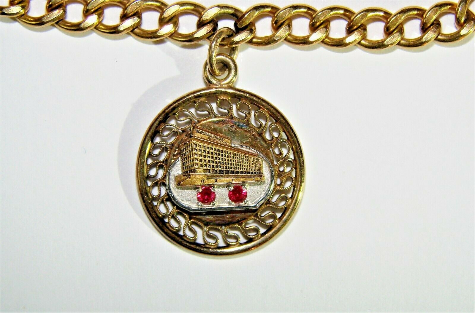 VINTAGE CHICAGO SUN TIMES DAILY GOLD FILLED RUBY CHARM ANSON & GF BRACELET