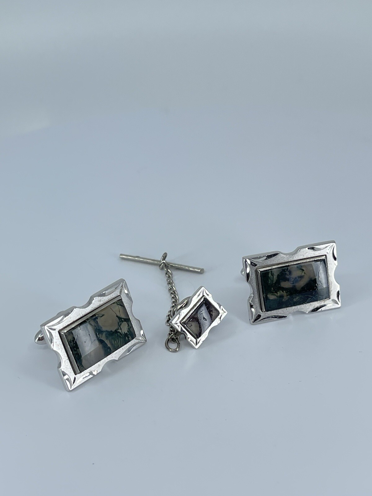 Swank Cufflink and Tie Tack set Jadeite rectangle silver tone 3/4″