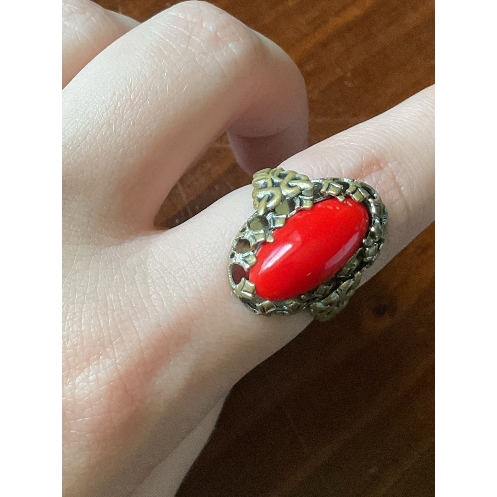 Vintage Red Coral Filigree Gold Tone Ring Size 7