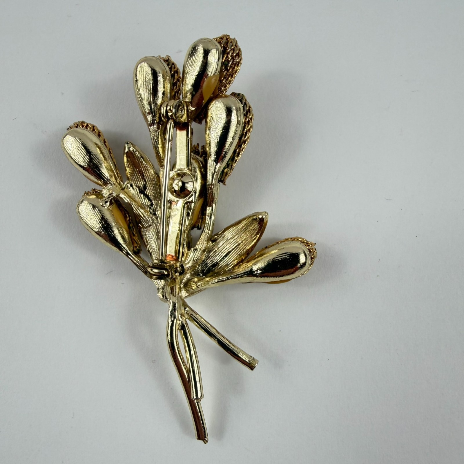 Vintage Gold Tone Mesh Cattail Bouquet Brooch Pin Mid Century Nature Design