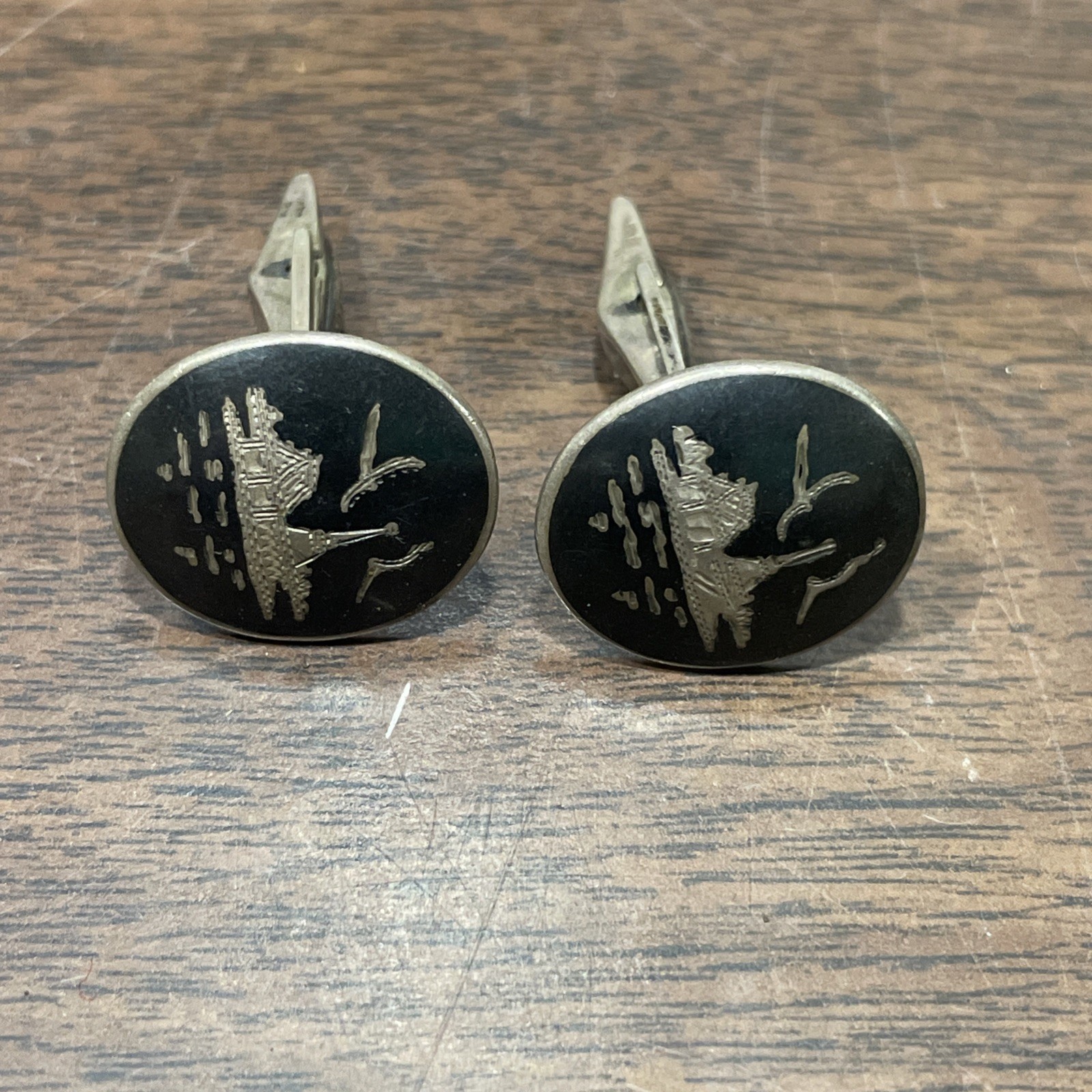 Vintage Siam Sterling Silver Cuff Links Black Inlay Buildings And Birds