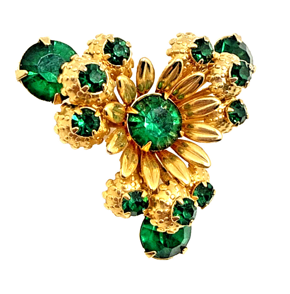 Vintage Emerald Green Rhinestone Flower Brooch Gold Tone Layered Floral MCM Pin