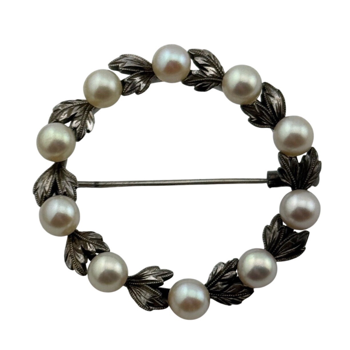 Vintage Mikimoto Wreath Brooch Sterling Silver Pearl Leaf Design Pin