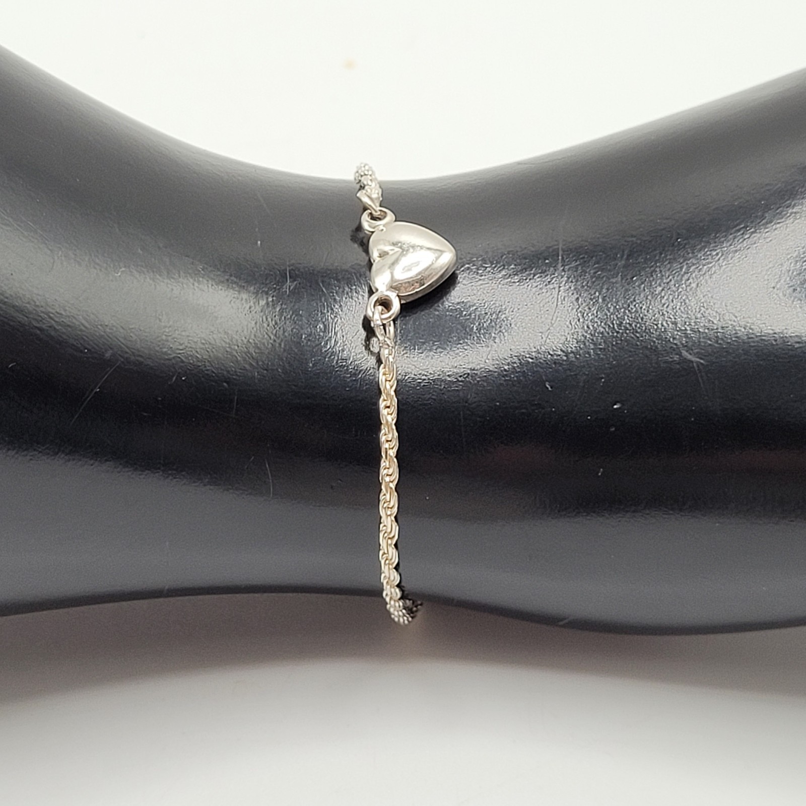 Minimalist Dainty Puffed Heart Station 925 Sterling Rope Chain Bracelet 7.25 in