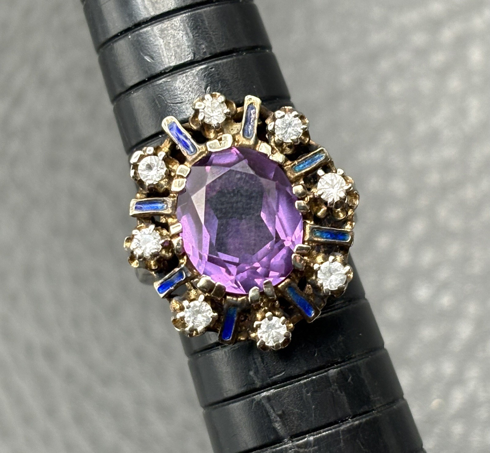 Vintage Huge Purple Sapphire Sterling Silver Blue Enamel Cocktail Ring Size 5.5